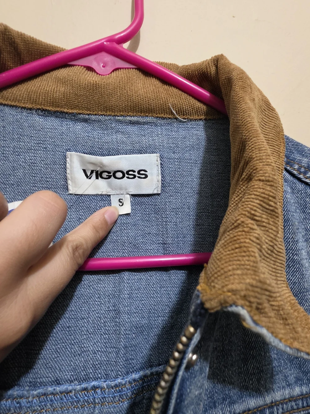 VIGOSS Cropped Denim Jacket Small Corduroy Collar Snap Front Blue - Picture 8 of 13